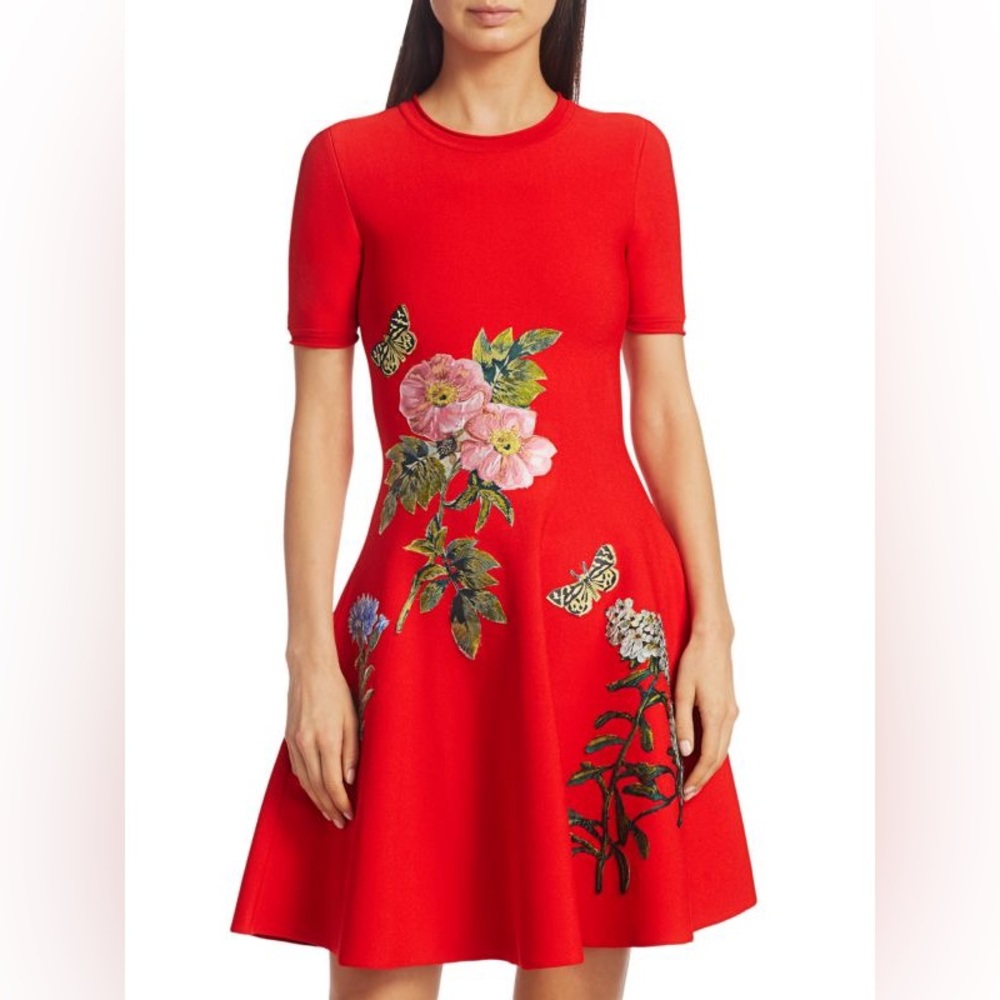 OSCAR DE LA RENTA Embroidered Floral Knit Fit-&-Flare Dress NEW